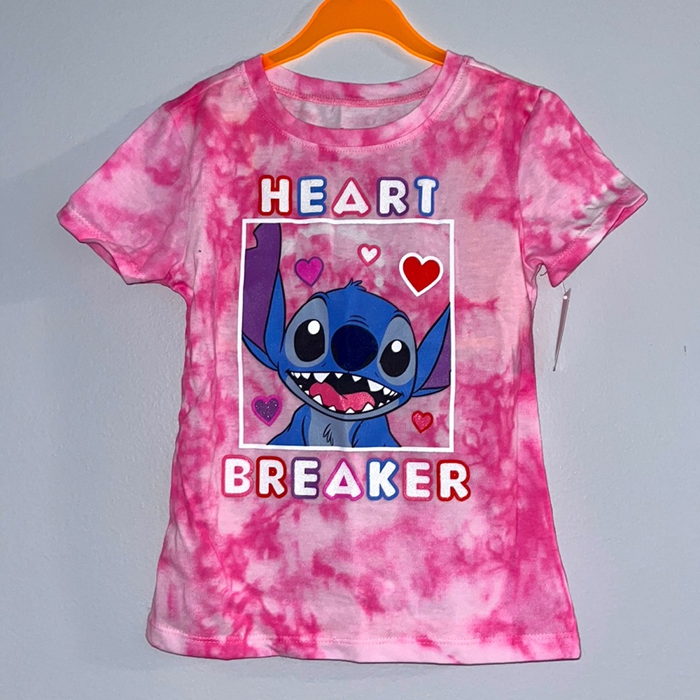 NWT Disney Stitch Heartbreaker Pink Tie Dye Glitter Tee